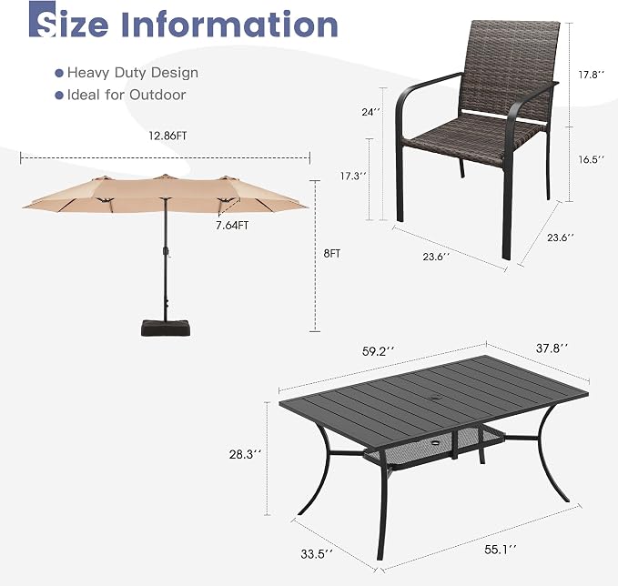 VICLLAX 8 Pieces Patio Dining Set with Wheat Umbrella, 6 Stakable Wicker Outdoor Chairs and Patio Rectangular Table with Umbrella Hole for Backyard Lawn Deck, Black Tabletop
