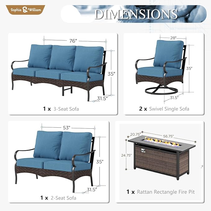 Sophia & William Patio Furniture Set with Fire Pit Table, 4PCS Metal Outdoor Conversation Set with Fire Pit Table, 2 Swivel Chairs,1 Loveseat,3-Seater Couch for Outdoor Seating,Backyard,Porch(Navy)