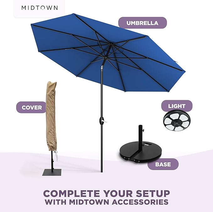 Midtown Umbrellas - The Lean 9 Ft Patio Umbrella with Fade-Resistant Sunbrella Fabric, Auto-Tilt Aluminum Frame and 8 Reinforced Ribs for Deck, Pool & Garden - Dark Blue Canopy, Black Pole