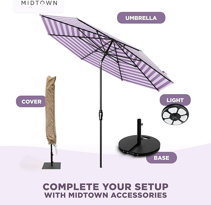 Midtown Umbrellas – The Swilt 8 Ft Patio Umbrellas with 360° Swivel & Tilt Mechanism, Fiberglass Ribs & Terylast Polyester Fabric for Backyard, Deck, Pool & Cafes - Midtown Stripes Canopy, Black Pole