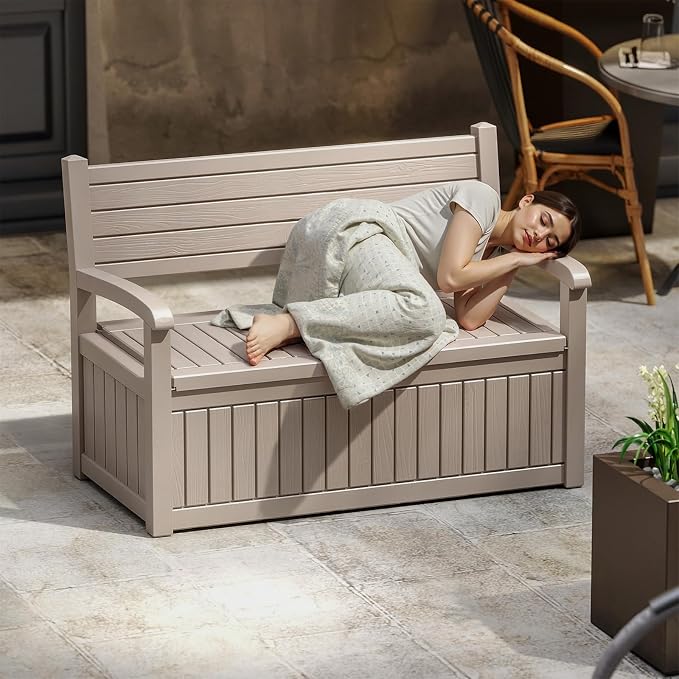 EasyUp 80 Gallon Wood Grain Style Outdoor Storage Bench, Waterproof and Lockable Deck Box Outdoor Storage Furniture for Patio,Garden,and Porch – Perfect for Storing Garden Tools and Cushions(Gray)