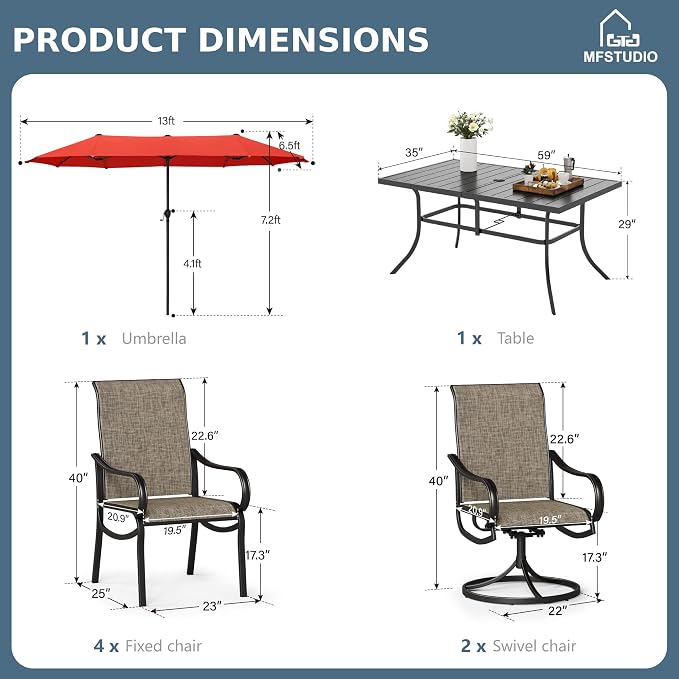 MFSTUDIO Patio Dining Set with Umbrella, Outdoor Dining Set for 6 Persons, Patio Furniture Set with 1 Rectangular Table Fixed Chairs 2 Swivel Chairs & Orange Red Umbrella (Base not Included)