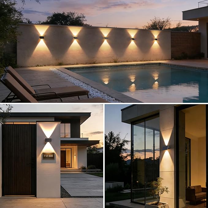 Solar Fence Lights Outdoor, 4 Pack Warm White Up and Down Solar Wall Lights, IP67 Waterproof LED Dusk to Dawn Solar Powered Fence Lights for Patio, Backyard, Deck, Garden, Yard, Outdoor Wall Decor