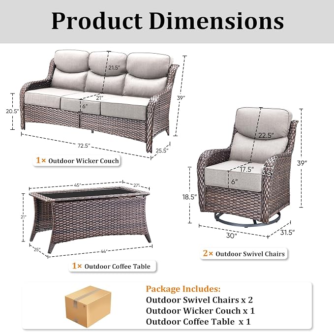 Luxury High Back Patio Furniture Set with 6-Inch Thick Cushions, 4-Pieces Outdoor Furniture with Swivel Chairs, Wicker Conversation Set for Porch, Balcony, Deck and Yard, Brown/Beige