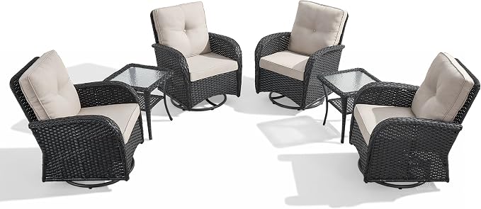 Outdoor Swivel Glider Rocker Chairs Set of 4 - Wicker Patio Furniture Set All Weather Patio Conversatio Sets with 2 Tempered Glass Side Table for Deck Backyard - Black Wicker Beige Cushion