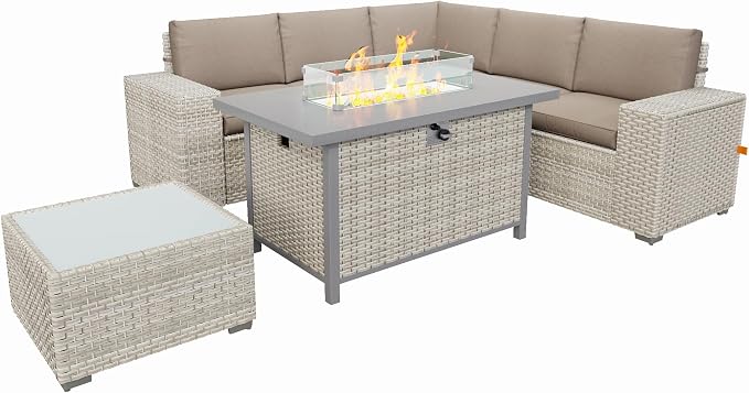 7 Piece Patio Furniture Set with 50,000 BTU Rattan Fire Pit Table that Converts to Coffee Table, 9.8" Wide Arm Sectional Sofa with Storage Armrests, Outdoor Rattan Conversation Set, Khaki