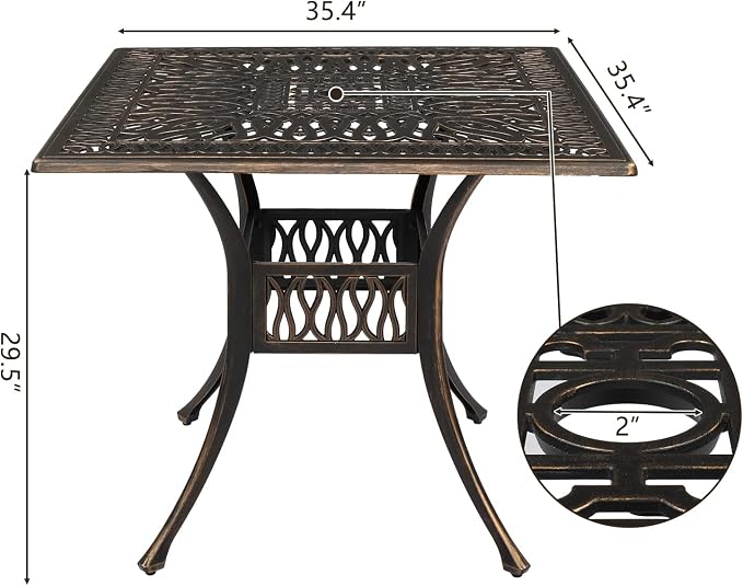 VINGLI 5-Piece Cast Aluminum Outdoor Patio Dining Set with 9ft Umbrella, Space-Saving Stackable Chairs & Table for Yard, Garden, Porch, Poolside, Square Table