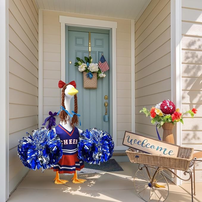 Cheerleader Porch Goose Outfits, Red Blue Goose Outfits for 23 Inch Porch Goose, Funny Goose Clothes with Pom Poms, Festive Porch Goose Decor for Sports Season and Game Day