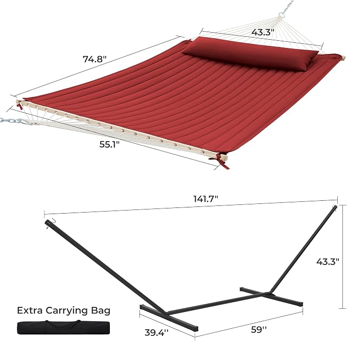 SUPERJARE 12ft Double Hammock with Stand, Rope Hammock for 2 Person, Detachable Hammock Bed and Pillow, Portable, Anti-Tip Safety Ropes, Carry Bag, Outdoor Backyard Patio Camping, Burgundy