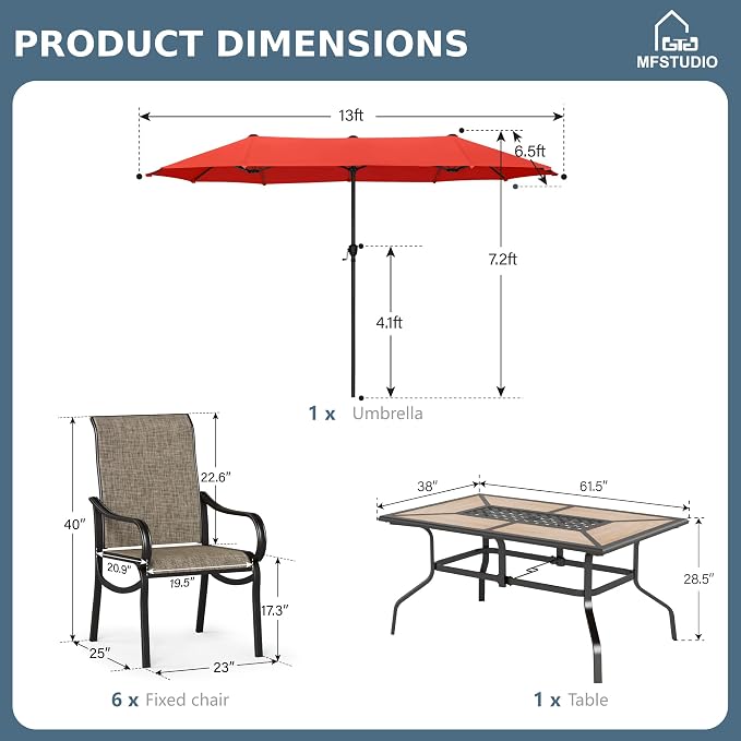 MFSTUDIO Outdoor Dining Set with Umbrella, Patio Dining Set for 6, Outdoor Furniture Set with Rectangular Table & Textilene Chairs & Orange Red Umbrella (Base not Included)