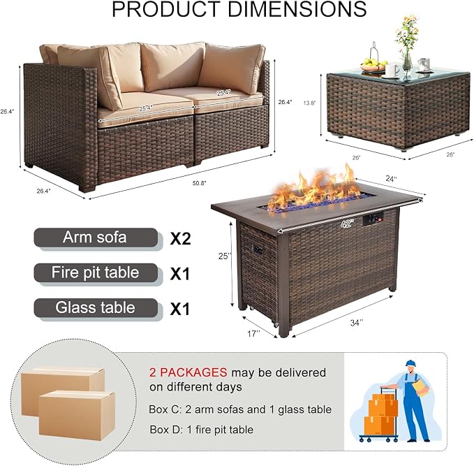 4 Pieces Patio Furniture Set with Fire Pit and Glass Table, Outdoor PE Rattan Sectional Sofa with Soft Cushions for Backyard, Porch, and Poolside (Beige, 4 PCS w/Table/Firepit)