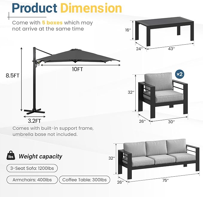 Wisteria Lane 5 Pieces Aluminum Patio Furniture Set with Umbrella, All Weather Oversized Outdoor Furniture Set with Deep Seat and Back Cushion, Patio Conversation Sets Wide armrest, Light Gray & Gray