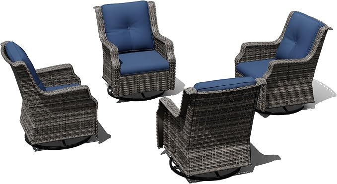 Outdoor Patio Furniture Set, 4 Piece Wicker Patio Furniture with Thick Cushions, Curved Armrest, Deep Seating, Outdoor Swivel Rocker Chairs for Porch, Deck, Balcony