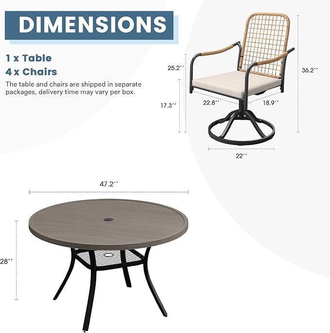 DIFY 5 Pieces Outdoor Dining Set for 4, 47.2" Round Dining Table with Umbrella Hole & Wicker Swivel Patio Chairs with Cushions, Metal Patio Table and Chairs Set for Backyard Porch, Grey Wood-Like