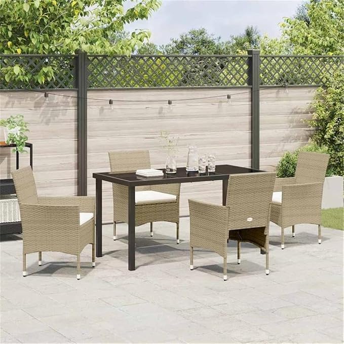 Afuera Living 5 Piece Patio Dining Set, Poly Rattan Frame, Beige Cushions, Tempered Glass Tabletop, Weather-Resistant, Modern Style Outdoor Furniture for Backyard, Garden, or Deck Use