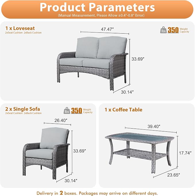 4 PCS Outdoor Patio Furniture Set with Glass Table, All-Weather Rattan Wicker Outdoor Conversation Set with Thickened Cushions for Balcony Backyard Garden Lawn,Dark Grey