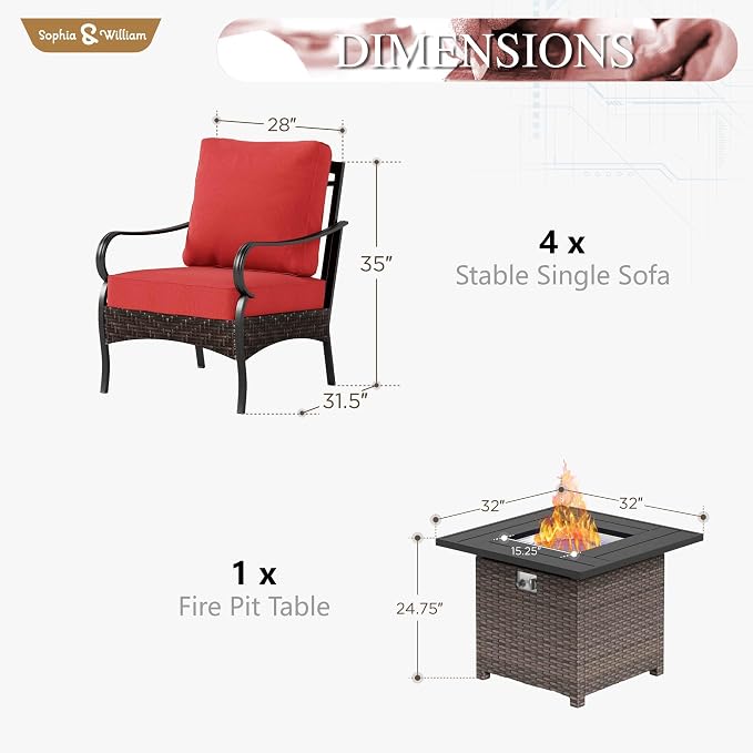 Sophia & William Patio Furniture Set with Fire Pit Table, 5 PCS Metal Outdoor Conversation Set Sofa Couch with Fire Pit Table, 4 Sofa Chairs for Outdoor Seating,Backyard,Porch(Red)