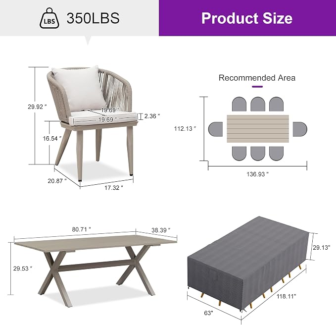 PURPLE LEAF 9 Pieces Patio Dining Set with Waterproof Furniture Cover Rectangular Table and Chairs Set for Garden Deck Aluminum Frame Backyard Kitchen Set, Cushions and Pillows Included Champagne