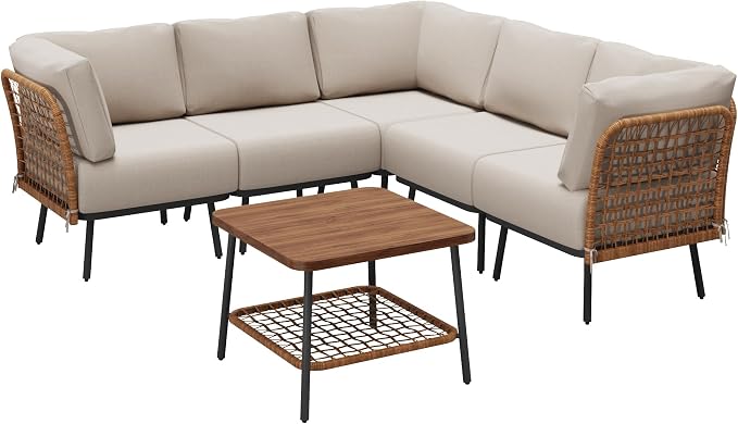 6-Piece Patio Conversation Set, Outdoor Sectional Sofa Modular Wicker Furniture with Thick Cushions & Wood Grain Coffee Table, Patio Furniture for Backyard Porch