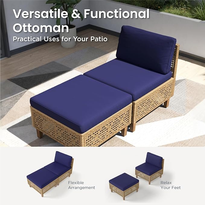 PHI VILLA Wicker Patio Furniture Set, Rattan Patio Sectional Sofa Outdoor Couch Set with Acacia Wood Coffee Table, 7 Pieces U-Shaped Patio Conversation Set for Backyard Porch, Navy Blue Cushion