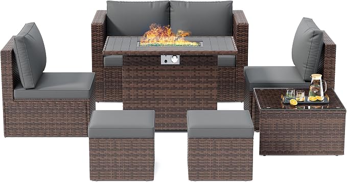 Amopatio Patio Furniture Set with Fire Pit Table, All-Weather Wicker Outdoor Conversation Sofa Set with Glass Coffee Table, Cushions & Ottomans for Deck Backyard Porch Lawn Brown/Dark Grey
