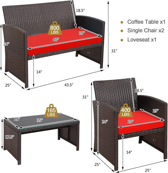 HAPPYGRILL Set of 4 Rattan Conversation Set Outdoor Wicker Furniture Set with Tempered Glass Coffee Table, Soft Cushions, Weather-Resistant Rattan Chair Set for Garden Backyard Poolside