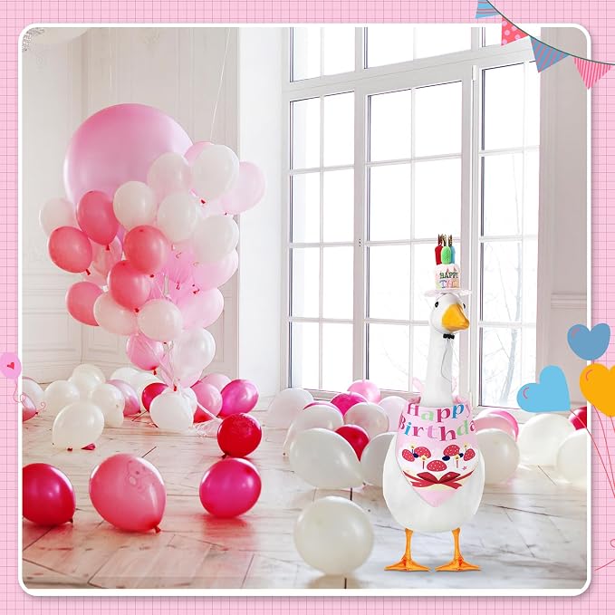 Dansydaisy Happy Birthday Goose Outfit Porch Goose Outfits with Happy Birthday Cake Hat and Bandana Yard Geese Outfits for 23" 17" Cement Plastic Geese Duck Decorations(Style 2,Pink)
