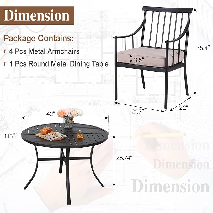 Sophia and William Patio Dining Set, 5 PCS | E-Coated and Steel, Rectangle Table, Straight Legs Chairs, 1.57" Umbrella Hole, Weather-Resistant, Easy to Clean