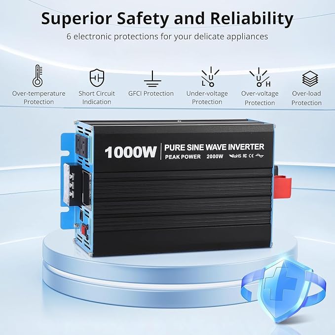 Power Inverter 1000 Watt Pure Sine Wave 12v DC to 110v/120v AC 2000 w Peak Converter for Family RV Off Grid Solar System with 2 AC Outlets LCD Display Remote Control and 2.1a USB Charging Port