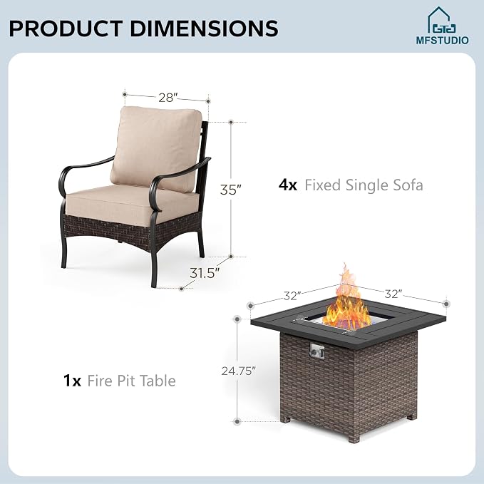 MFSTUDIO 5 Pieces Outdoor Patio Furniture Set, Metal Outdoor Conversation Sofa, Rattan Wicker Patio Sectional Sofa Set with 4 x Fixed Single Sofa, 1 x Fire Pit Table, Beige