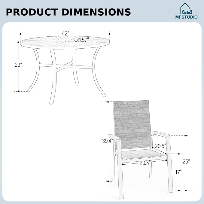 MFSTUDIO 5 PCS Outdoor Dining Set, Round Table & Aluminum Chairs, Grey | Stackbale textilene chairs, Light-weight & space-saving, Square Table, Umbrella Hole, Patio deck, 4 person