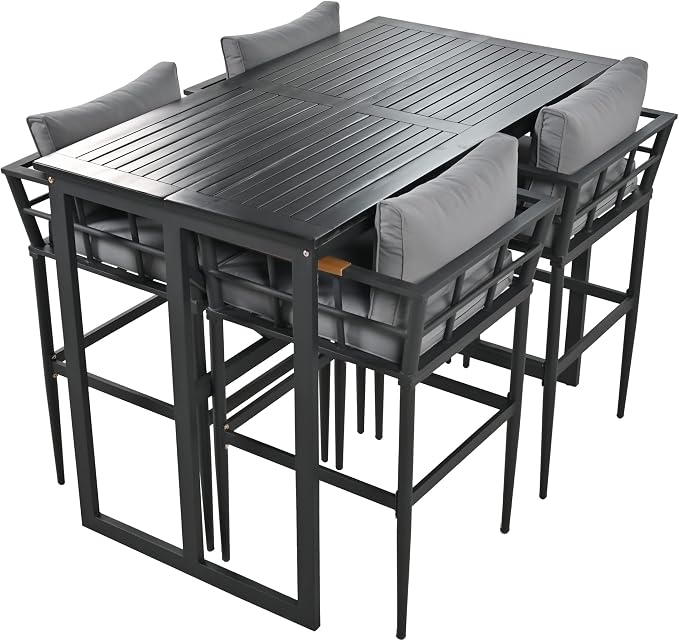 5-Piece Patio Dining Set, Steel Outdoor Dining Table and 4 Cushioned Chairs with Acacia Wood Armrest, Modern Conversation Furniture for Courtyard,Garden, Balcony (Black+Steel, 5-Piece)