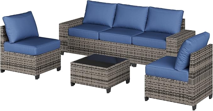 Aoxun 6-Piece Patio Sectional Sofa with 4" Thicken Cushion, Widen Armrests Wicker with Coffee Table for Backyard & Garden, Navy Blue