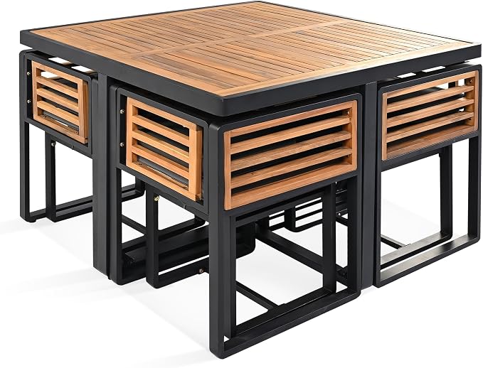 9-Pieces Outdoor Dining Set for 8, Acacia Wood Patio Furniture Set with Outdoor Square Table and 4 Cushioned Chairs & 4 Ottomans for Backyard, Garden, Deck and Poolside (Grey, 9 Piece)
