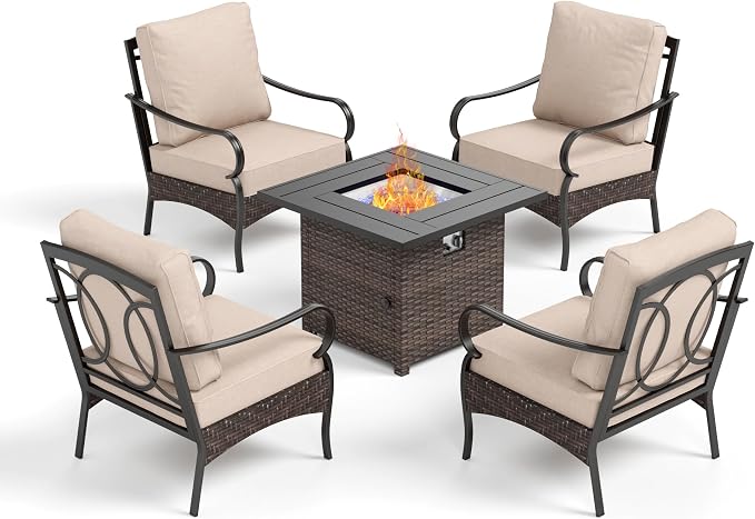 Patio Furniture Set with 32" Fire Pit Table,Patio Conversation Sets 4 Fixed Chairs with Thick Cushion and 50000 BTU Fire Pit Table (5 Pieces,Beige)