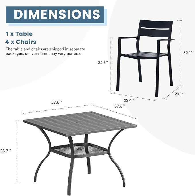 DIFY 5 Piece Outdoor Patio Dining Set for 4, Patio Table and Chairs Set with Umbrella Hole, 37.8" Square Dining Table and Stackable Metal Chairs for Backyard Garden Poolside, Grey