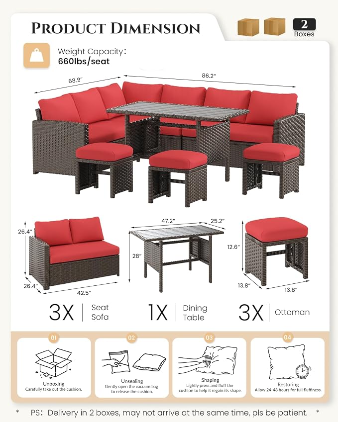 U-MAX 7 Pieces Patio Furniture Set, Outdoor Sectional Sofa Conversation Set, All Weather Wicker Rattan Dining Table & Chair with Ottoman, Brown Rattan&Red Cushion