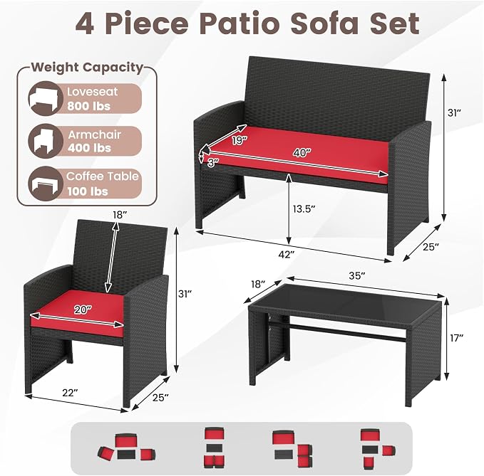 HAPPYGRILL 4 Piece Rattan Wicker Patio Conversation Set, Outdoor Furniture with Chair Loveseat Table & Cushion, for Backyard Porch Balcony (2, Black & Red)
