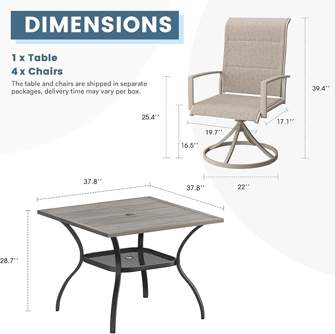 DIFY 5 Piece Outdoor Patio Dining Set for 4, 37.8" Grey Wood-Like Square Metal Dining Table & Swivel Patio Chairs with Sandshell Padded Textilene, All-Weather Outdoor Furniture Set for Garden Backyard