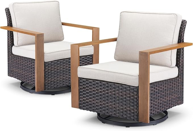 Belord Outdoor Swivel Rocker Chairs Set of 2 with Metal Wide Armrests, Patio Wicker Chairs, Glider Furniture for Porch, Deck, Sunroom, Backyard