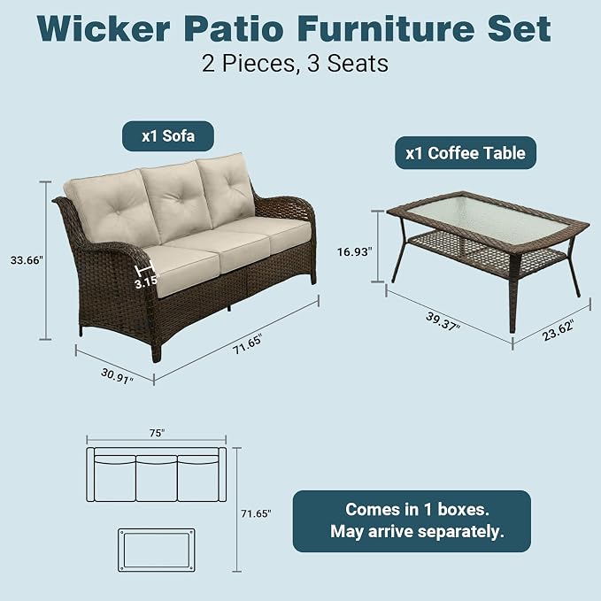 Patio Furniture Set, 2PCS Outdoor Wicker Conversation Set with 6" Thick Cushions, High Back Rattan Sofa, Weather Resistant Olefin Fabric for Garden, Poolside, Beige
