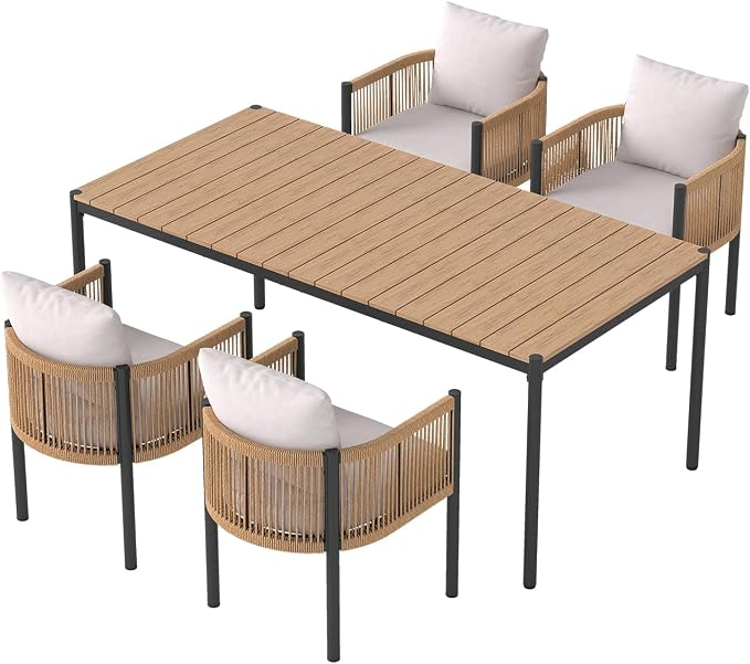 SUNSITT 5 Piece Outdoor Patio Dining Set, Patio Dining Furniture Set with 70” Metal Dining Table w/WPC Tabletop and 4 Patio Woven Rattan Chairs w/Curved Armrest for Garden, Beige