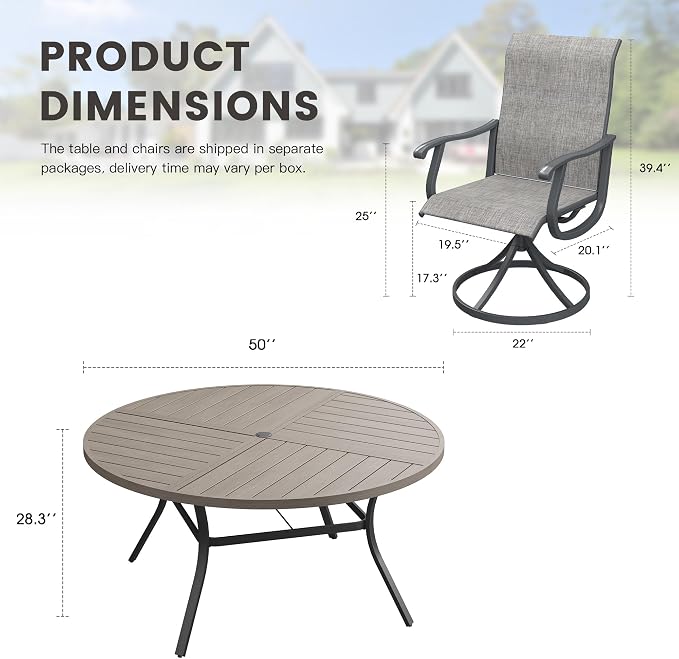 Outdoor Dining Set for 6, 50.1" Metal Round Outdoor Dining Table with Umbrella Hole and Sling Patio Swivel Chairs, 7 Pieces Patio Table and Chairs Set for Garden Backyard, Grey