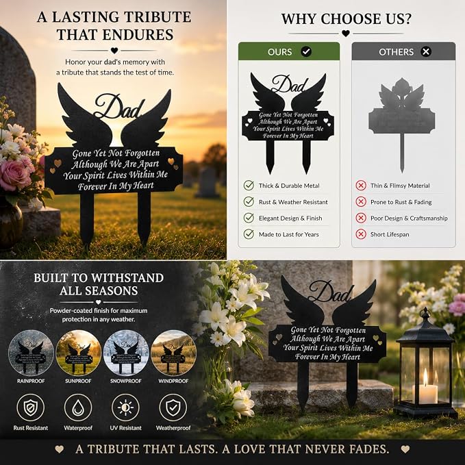 Grave Marker for Dad - Winged Memorial Metal Cemetery Stake, Outdoor Decoration for Father's Garden, Memorial Yard Stake for Dad
