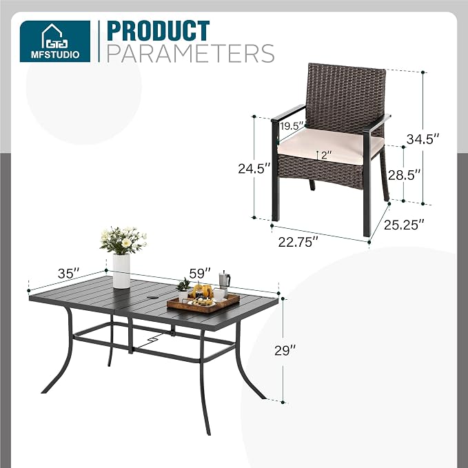 MFSTUDIO 7 Pieces Patio Dining Set for 6, 60" Rectangular Metal Table & Wicker Chairs, Outdoor Dining Furniture Table and Chairs for Backyard, Porch