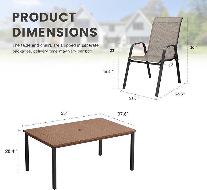 7 Pieces Outdoor Dining Set, 63" Rectangular Table with Umbrella Hole & Stackable Patio Dining Chairs, Patio Table and Chairs Set for Deck Garden Porch, Brown Chairs & Walnut Table