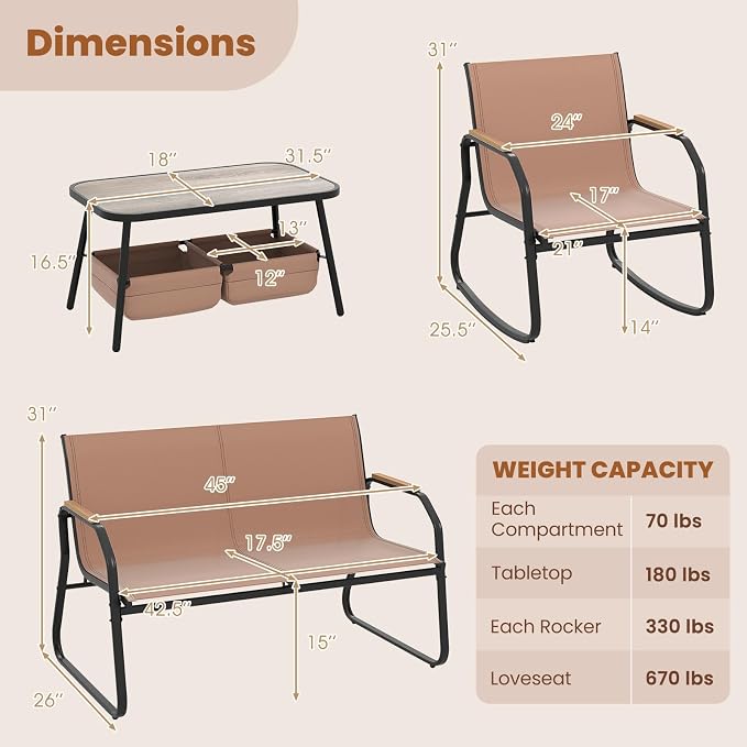 HAPPYGRILL Outdoor Conversation Set with Bistro Rocking Chairs, Loveseat, Storage Coffee Table, Patio Furniture Set with Heavy-Duty Metal Frame, Breathable Mesh Fabric (1)