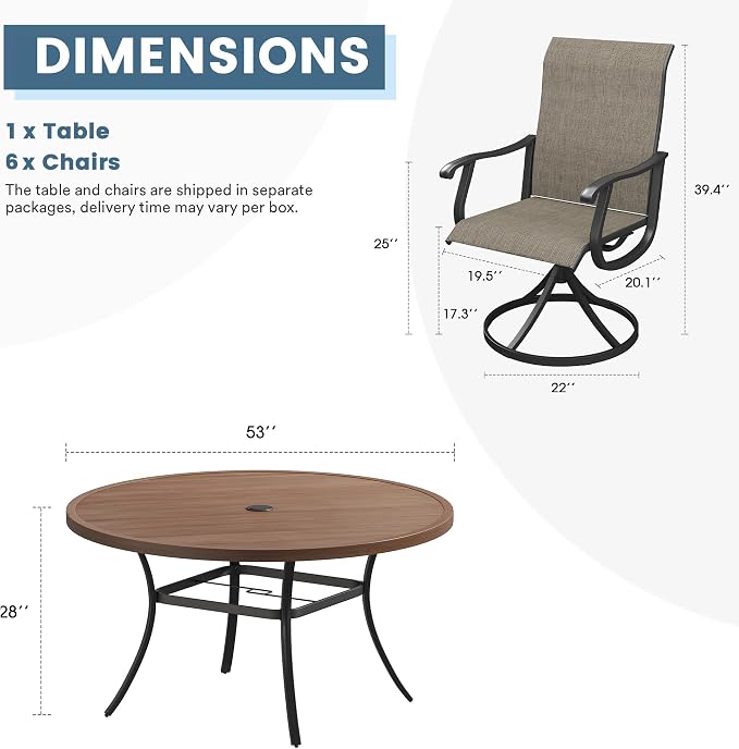 DIFY Outdoor Dining Set for 6, 7 Piece Patio Table and Chairs Set, Swivel Patio Dining Chairs with Brown Textilene & 53" Walnut Round Metal Dining Table with Umbrella Hole, for Garden Backyard Deck