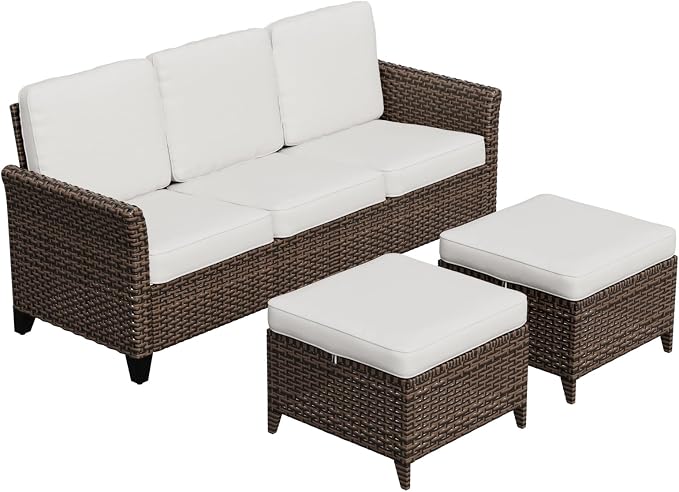 COOS BAY Harbor Retreat 3 Piece Outdoor Furniture Set, Patio Conversation Set with 3 Seat Couch and Ottomans, Wicker Furniture, Brown/Beige