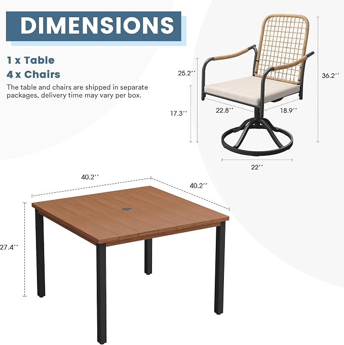 DIFY 5 Pieces Outdoor Dining Set, Metal Patio Table and Chairs Set for 4, 40.2" Square Dining Table with Umbrella Hole & Wicker Swivel Patio Chairs with Cushions, Walnut Tabletop